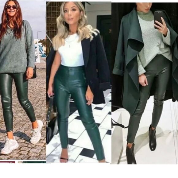 ZARA green faux leather hi-rise zipper hem leggings Sz XS NWT - Picture 3 of 15